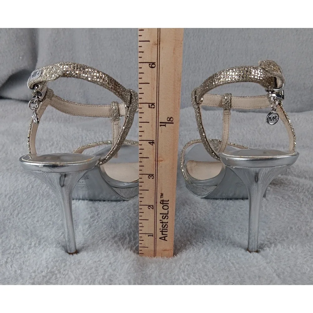 MICHAEL KORS Silver Glitter‎ Platform Stiletto Heels Sandals Women's Size 7.5M
